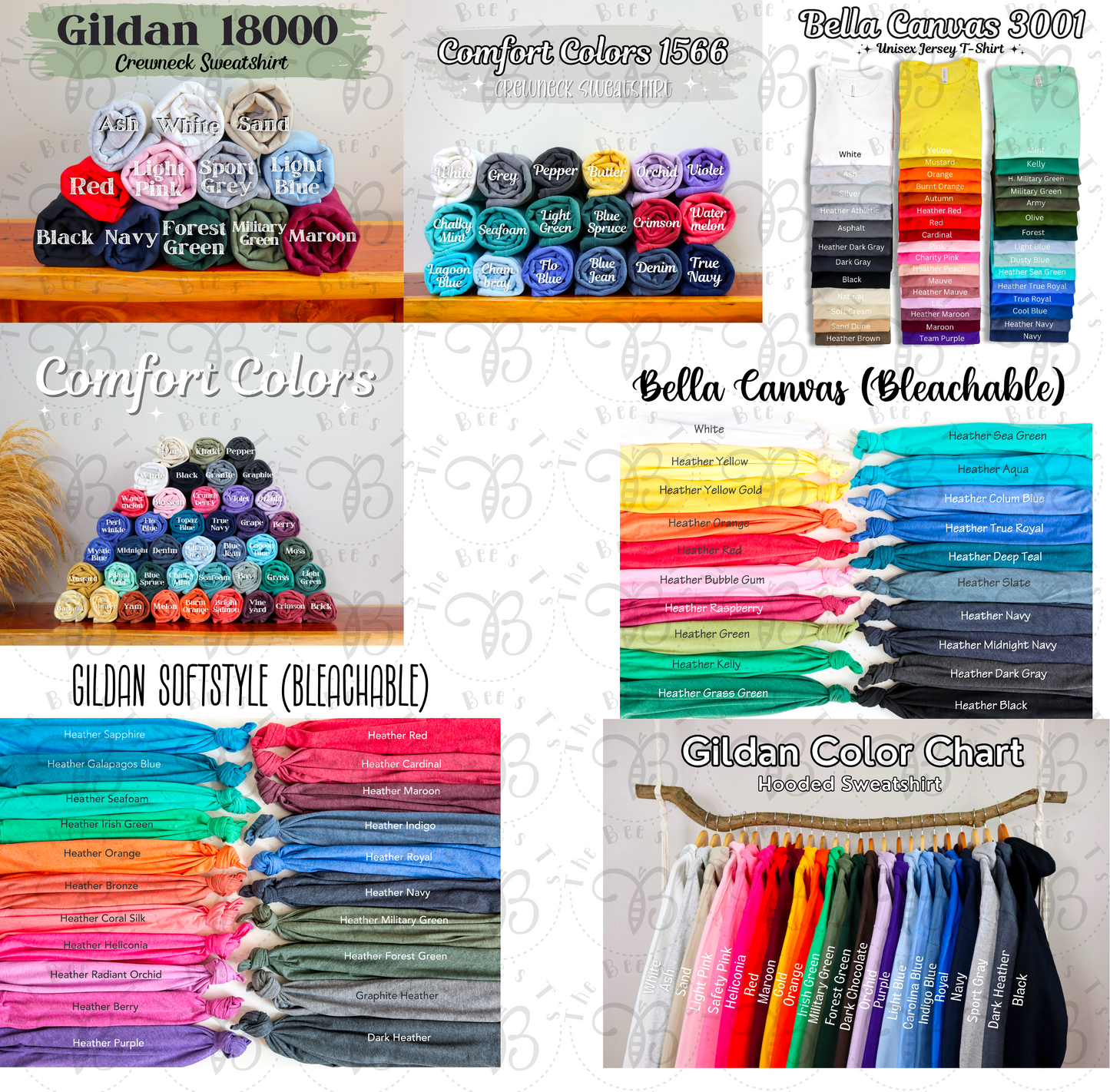 A collage image showcasing a variety of shirt styles and colors available for custom order, with labels such as 'Gildan 1800' and 'Bella Crafts 3000' indicating different brands and fabric types.